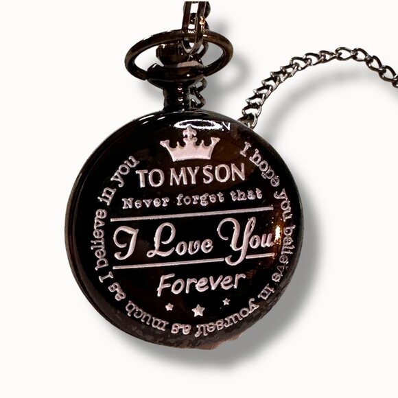 Unbranded Other - Engraved Black Pocket Watch w/ Chain "To My Son, I Love You Forever" Vintage Loo